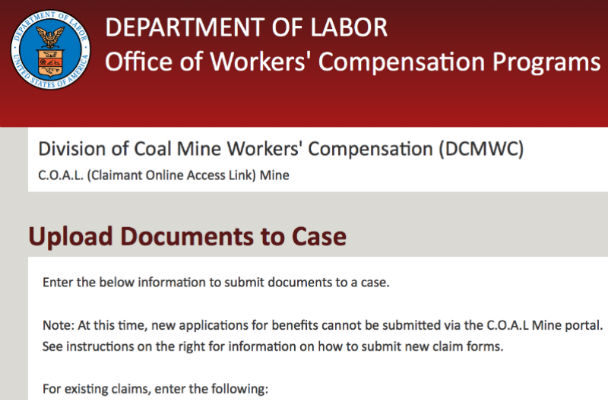 Screenshot of DOL's C.O.A.L. Mine portal for black lung claims